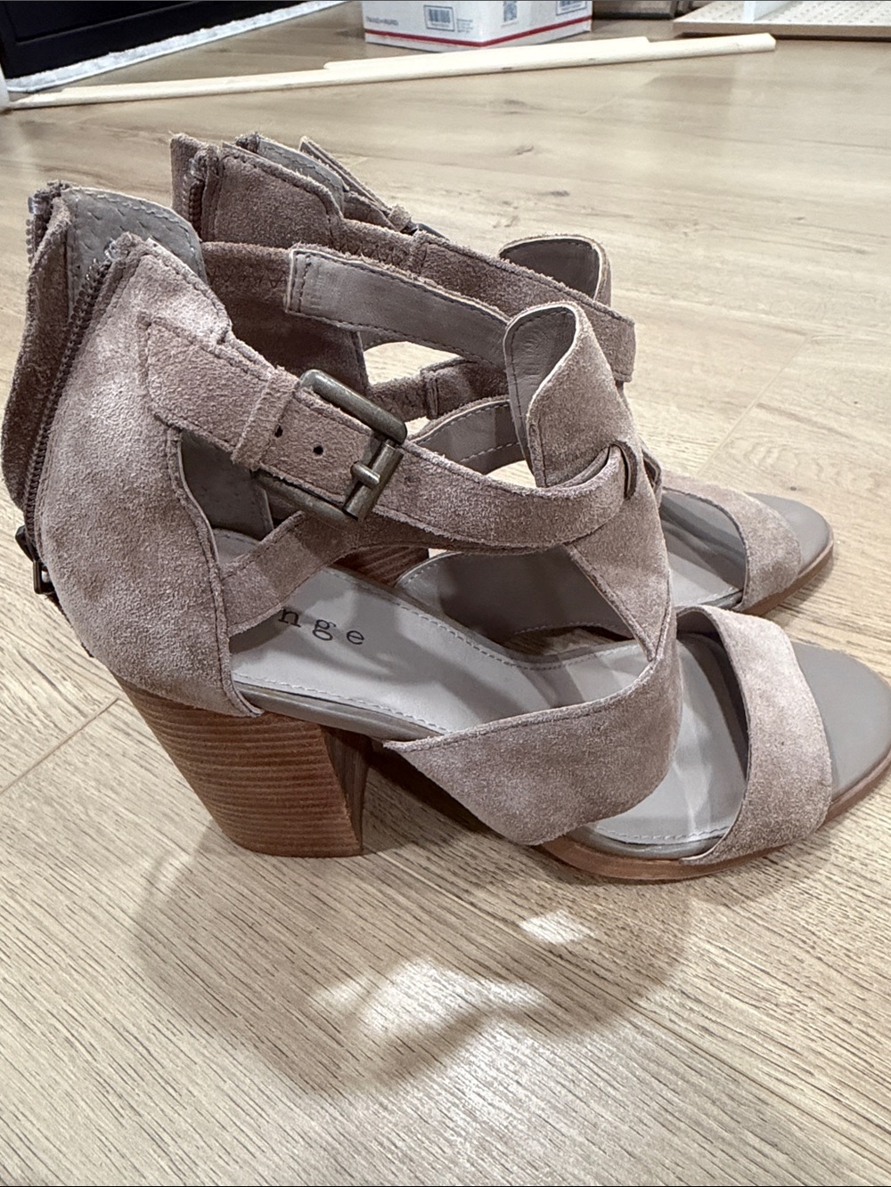 hinge Taupe Suede Strappy Block Heel Sandals
